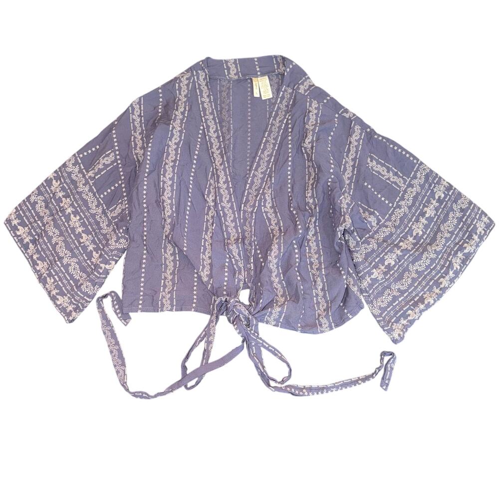 Japna Boho Blue White Geometric Floral Striped Front Tie Kimono Sleeve Crop L